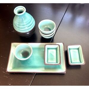 Japanese Sushi Set Teal Brown Sake Bottle Plates Bowls 8pc Dinnerware